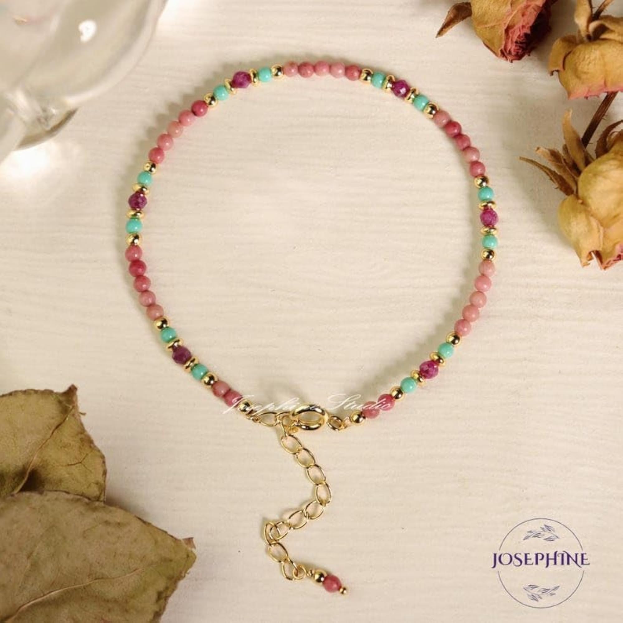Rhodonite, Turquoise & Garnet 3mm Bracelet, Unisex Adjustable