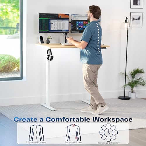 Image of VIVO Electric 48 x 30 in Standing Desk, Memory Height Adjustment, 1B Series, Holds 220 lbs, One-Piece Light Wood Top, White Frame, DESK-KIT-1W5C