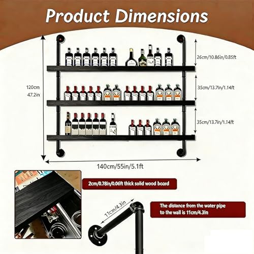 VITNSVILE Wall Mounted Wine Rack with LED Light - 3-Tier Solid Wood Industrial Rustic Floating Shelves, Bottle Storage Organizer for Kitchen, Bar, Pub, Cellar, Home Bar (Black, 3-140cm/55.1in) by VITNSVILE - Image 2