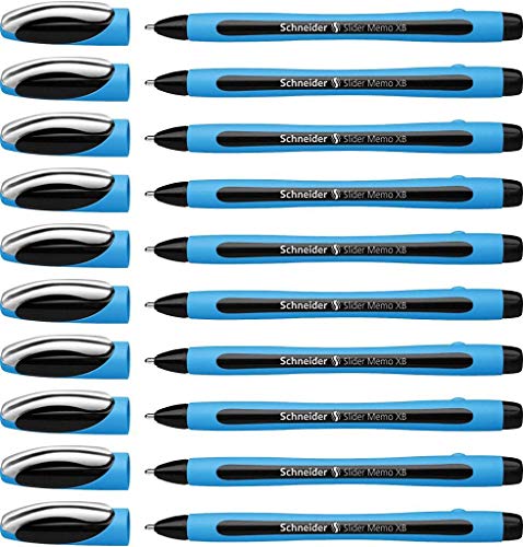 Image of Schneider Slider Memo XB Writing Instruments Ballpoint Pen with Cap Model Black Barrel Colour Cyan Black Pack of 10