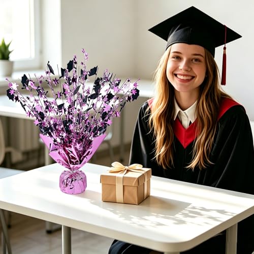Image of 6 Packs Graduation Decorations Centerpieces for Tables Metallic Foil Star Graduate Cap Burst Tabletop Display in Pink and Black for Grad Ceremonies Celebrations Party Decor Supplies 12 (Pink)
