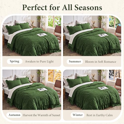 Image of JOLLYVOGUE Dark Green Oversized Queen Comforter Set,3pcs Seersucker Bed Set | OEKO-TEX Certified, All Season, Down Alternative Fill, Lightweight Bedding Set with Ruffle Comforter & Pillowshams, Easy Care