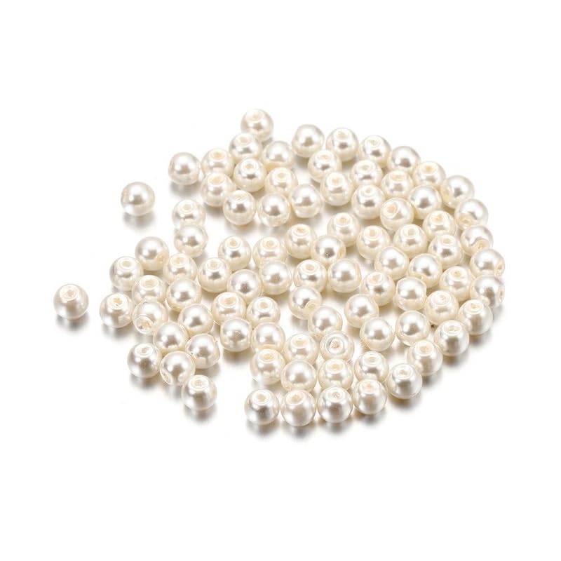 100PCS Glass Pearl Beads 6MM Loose Imitation Pearls Beige Craft Beads for DIY Beading
