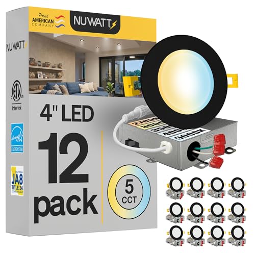 NUWATT 12 Pack 4 Inch Recessed Lighting LED Selectable CCT 2700K/3000K/3500K/4000K/5000K 630LM 9W IC Rated Dimmable Canless Lights with Junction Box ETL and Energy Star Certified Black Trim