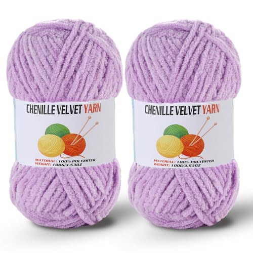 Image of 2 * 100g /3.5oz Fluffy Chenille Yarn for Crocheting, Chunky Velvet Yarn for Crochet Amigurumi, Used for Making Baby Yarns Blanket, Clothes, Pattern Knitting Creations (Light Purple)