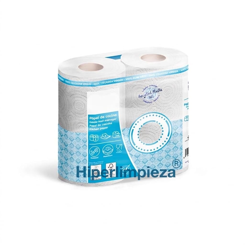 Pack 24 Rollos Papel de Cocina Pasta Virgen 2 Capas Gofrado 90 Servicios 21,6 m Mandril 43 mm Ecolabel FSC Food Contact Papel Absorbente para Cocina y Uso Profesional
