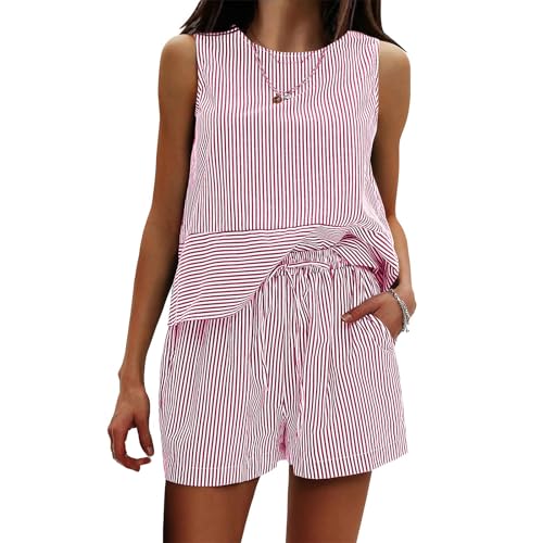 Womens 2 Piece Outfits Summer Striped Sleeveless Tank Top Matching Shorts Sets Lounge Matching Set Loungewear