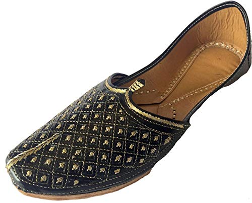 Step n Style Men's Flat Black Wedding Khussa Shoes Traditional Indian Leather Loafer Punjabi Jutti (Numeric_11_Point_5)