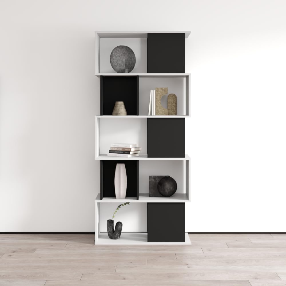 Meble Furniture Prato Bookcase - Modern Rectangular Storage Bookcase for Office and Living Room - Durable Bookshelf with Matte Fronts & Body - Free Standing Bookcase with Storage Space - White/Black