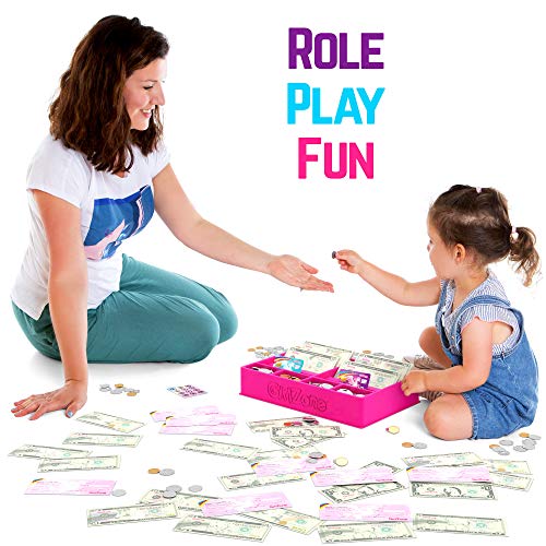 GirlZone Unicorn Money Play Set for Kids – Realistic Dollar Bills, Coins, Credit & Debit Cards & Checkbook.