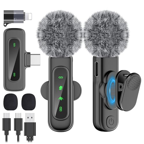 VEZQUA Wireless Mic for YouTube Video Recording, Lavalier Microphone for iPhone/Android with Magnetic Collar Clip, USB C Lapel Lav Mic with Noise Reduction for Vlog TikTok, 12H, 65ft (2 Channels)