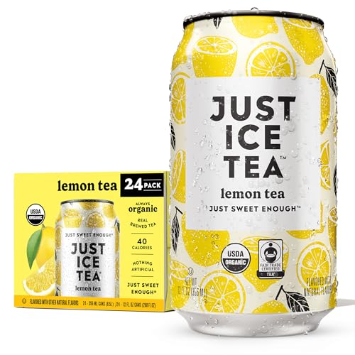 Image of Just Ice Tea, Lemon Flavored Black Iced Tea, 24-Pack (12oz Cans), USDA Certified Organic, Real Brewed, Low Calorie, No Artificial Sweeteners, Fair Trade, Made in USA.