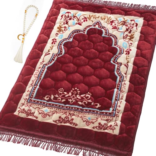 Image of Muslim Prayer Rug with Tasbih Prayer Beads, Soft Large Prayer Matt Islam, Padded Islamic Prayer Mat Thick for Men and Women, Janamaz, Sajadah (31.5 inch x 47.2 inch, Red)