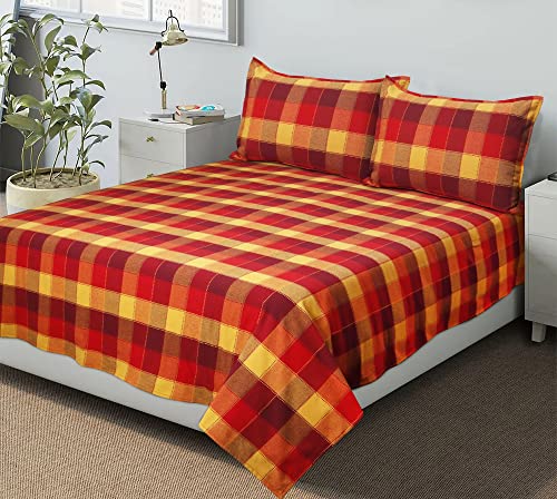 Image of AIRWILL, 200GSM Handloom Cotton Double Bedsheet with 2 Pillow Covers, Dobby Checks Designer Weaved Red, Yellow and Maroon Combo - Pack of 3 pcs