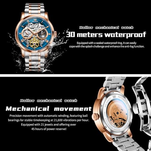 Image of OLEVS Men Automatic Watch Diamond Skeleton Mechanical Luxury Self Winding Moon Phase Calendar Waterproof Wrist Watch for Men