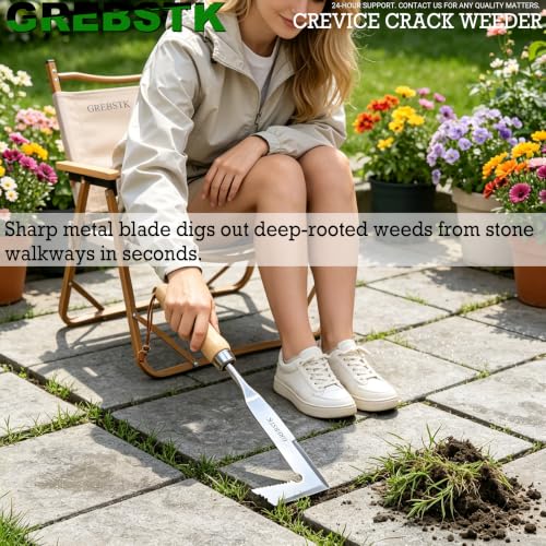 GREBSTK Crack Weeder Crevice Weeding Manual Stainless Steel Gardening Tool | L-shaped blade, razor-sharp hardened, rust-resistant, comfortable handle, 13in, for sidewalk cracks, driveway gaps, edging