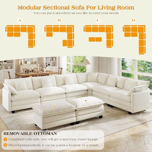Image of Hanherry Modular Sectional Sofa,Cloud Couch for Living Room,Modern Deep Seat Sofa Chenille Fabric Comfy Couches with Throw Pillows & Movable Ottoman for Apartment