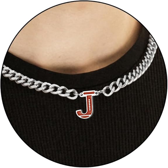 Football Necklaces for Boys Stainless Steel Initial Necklace with Letter A-Z 6.5mm Cuban Chain Gifts for Him Boys Men Teens 16+2 Inches
