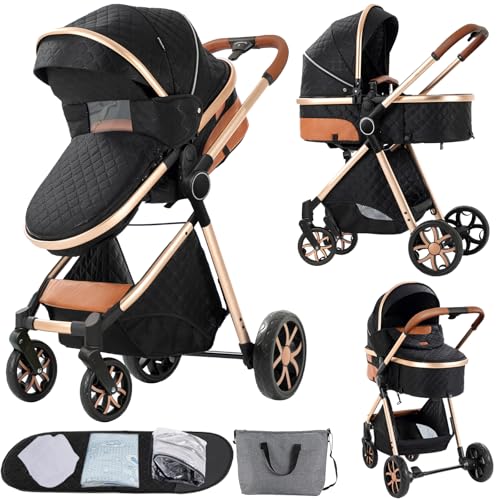 Image of Nine point nine 2 in 1 Baby Stroller, Reversible Convertible Infant Stroller of One-Click Folding, Newborn Travel Strollers Toddler Standard Pram Carriage (225 Black Gold)
