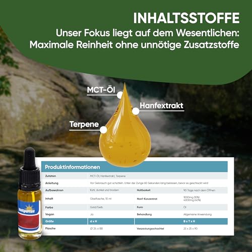 Wellpursan Hanföl 10% (10ml) – Hochwertiges Hanföl für Wohlbefinden & Entspannung – vegan & natürlich - Niederländisches Qualitätsprodukt auf Olivenöl Basis - Natürlich & Vegan
