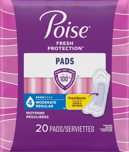 Image of Poise Incontinence & Postpartum Pads for Bladder Leaks, 4 Drop Moderate Absorbency, Regular Length, Packaging May Vary, 20 Count (Pack of 2)