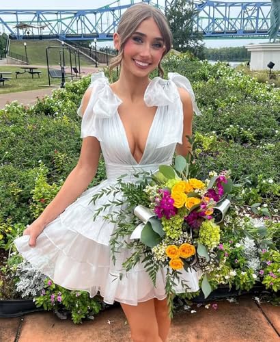 Short Ruffle Homecoming Dresses for Teens V Neck Tiered Prom Cocktail Dress with Bow3