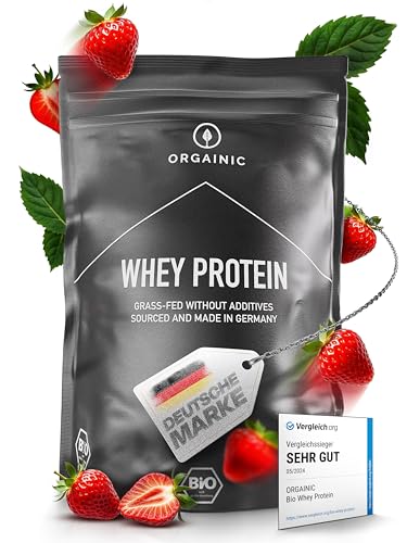 ORGAINIC Bio Erdbeere Whey Protein - Bio Zertifiziert ohne Zusatzstoffe - Eiweißpulver aus Deutschland - Grasfütterung - 1000g