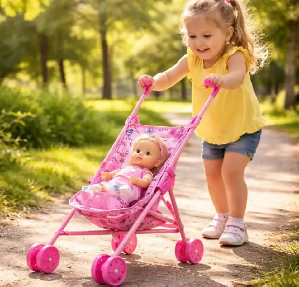 Carrinho de Boneca Infantil Dobrável Rosa – Brinquedo para Passear com Bonecas, Carrinho de Boneca com Estrutura Leve e Tecido, Brinquedo de Faz de Conta