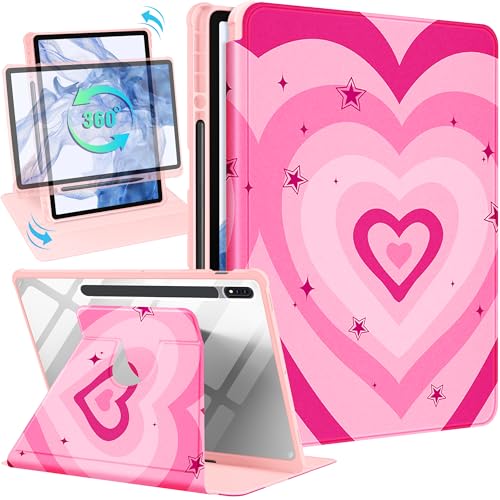 Wazzasoft for Samsung Galaxy Tab S7 Fe/S7 Plus/S8 Plus Case 12.4 Inch Folio Cover Pencil Holder Women Girls Cute Girly Heart Unique Design Rotating Tablet S8 Plus 2022/S7 Plus 2021/S7 FE 5G Cases