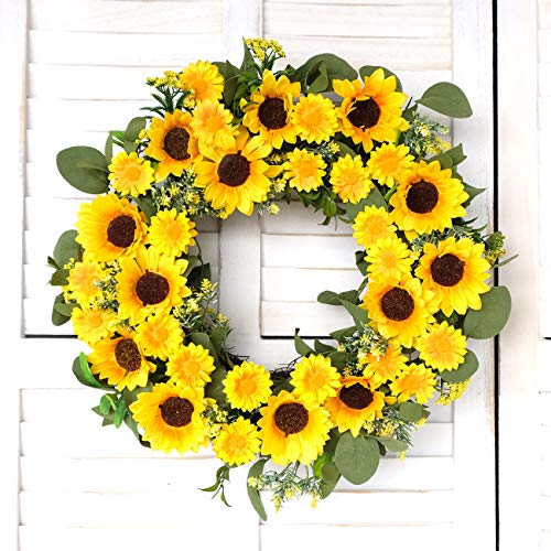 Bibelot 20 Inch Artificial Sunflower Wreath Front Door Wreath Yellow Sunflower Daisy And Green Leaves Wreath Spring Summer Wreath Front Door For Indoor Outdoor Home Wedding Window Wall Decor… #TOP4
