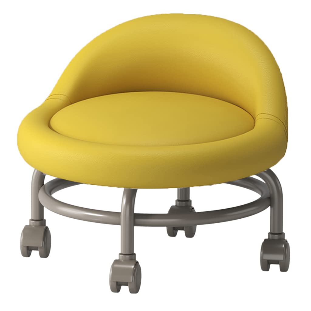LMMIAOZ Rolling Stool with Back Support and Swivel Wheels for Easy Mobility Short Ottoman Footstool with PU Leather Seat in Yellow Color