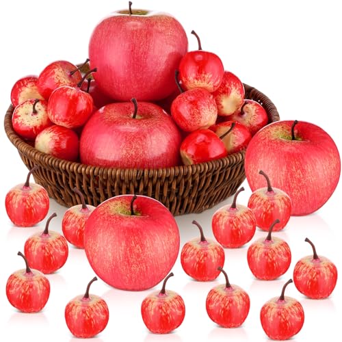Wavwavw 30 Pcs Fake Apples with Woven Basket Fall Artificial Red Apples for Autumn Harvest Decoration, Photography Props, Kitchen Table Centerpiece, Wreath DIY Crafts(2 Sizes)