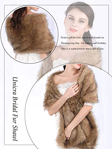 Aukmla womens Long Wedding Faux Fur Wraps Shawls Bridal Stole Brides Bridesmaids, Brown, Free size4