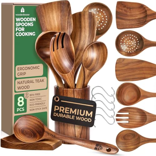 Wooden Utensil Set, 8 Pcs Teak Wooden Spoons...