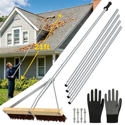 Huracan Snow Roof Rake Year-Round, Leaf Roof Brush with Gloves, 5-21ft Adjustable Leaves Snow Removal Tool, Anti-Slip Handle Cleaning Brush Extension Aluminum Poles, for Shingles Solar Panels Cars