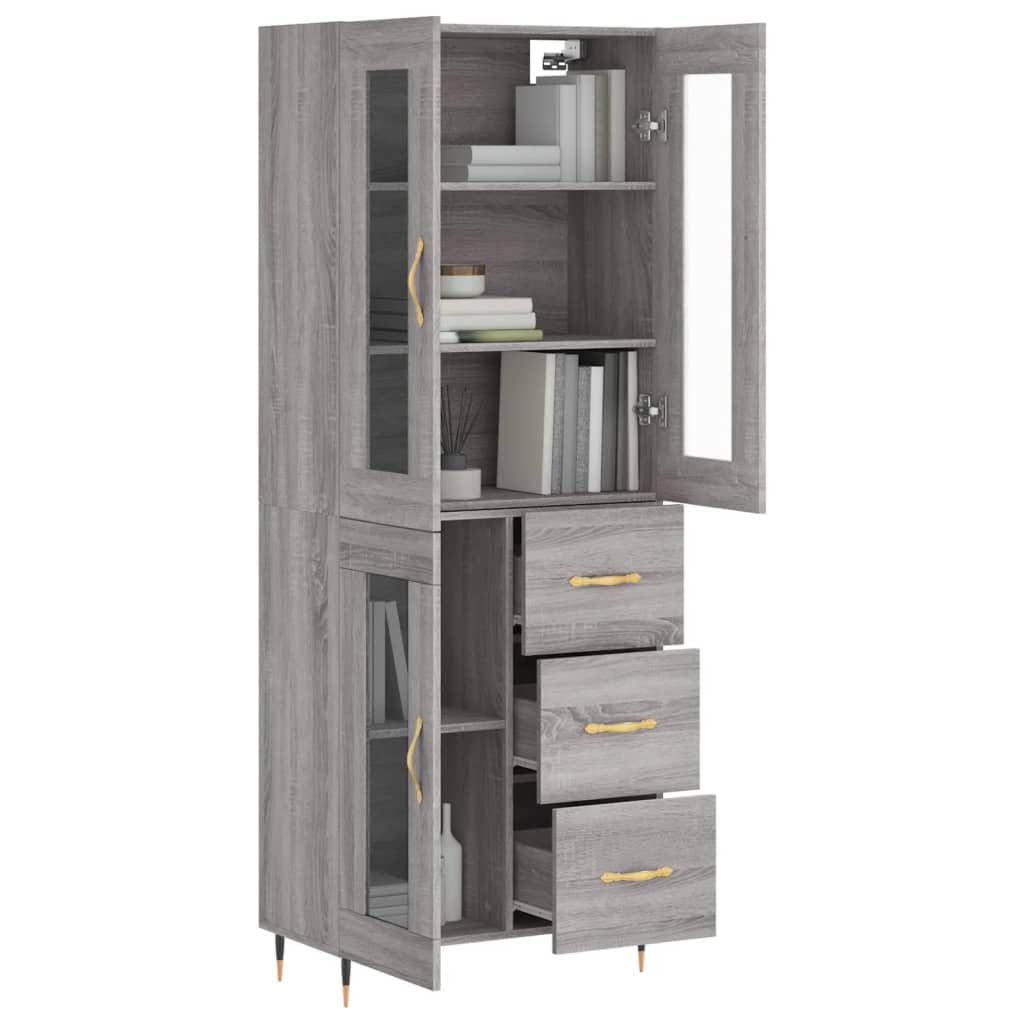 Générique Bufet wysoki szary 69,5x34x180 cm z drewna inżynieryjnego, wąski mebel do salonu z metalowymi drzwiami i nogami, duża przestrzeń do przechowywania