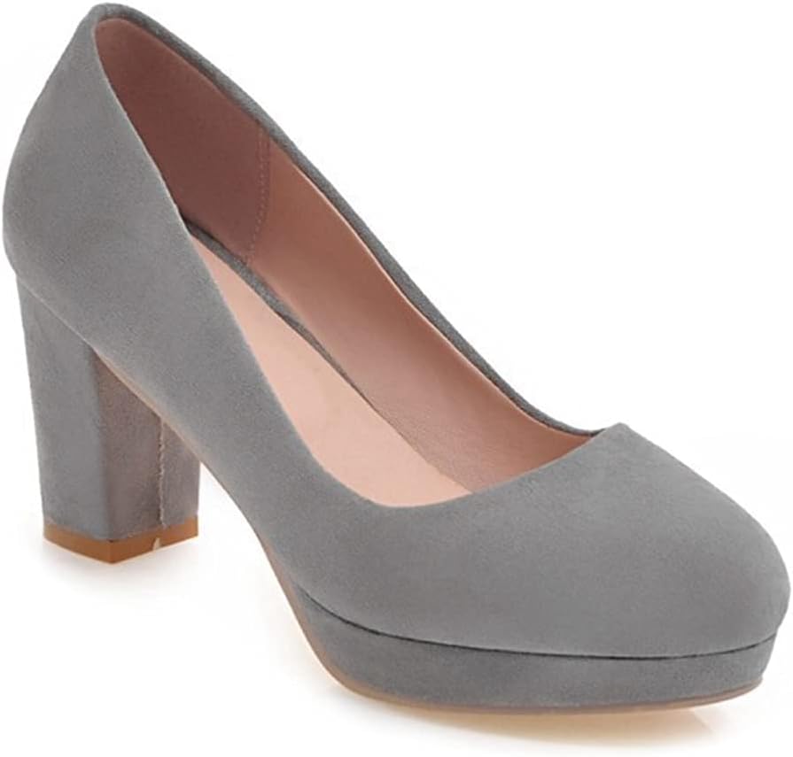 Women's Round Toe Platform Chunky High Block Heel Pumps Suede Slip-On Casual Work Office Dress Shoes