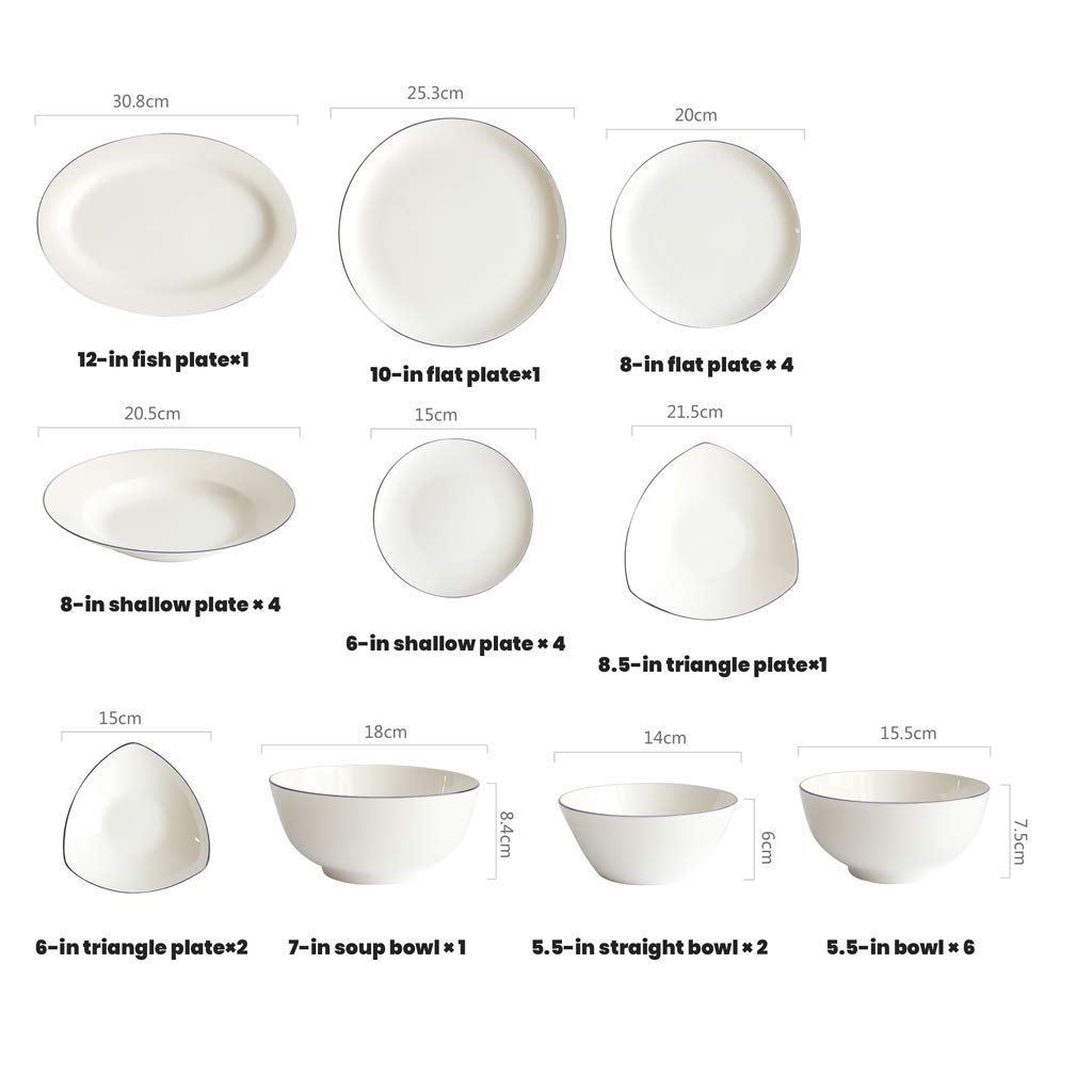 Stilvolle Essteller, Keramik-Geschirrset, 26-teiliges Set aus Tellern und Schüsseln aus Bone China/Porzellan-Geschirrset in Reinweiß mit blauem Rand
