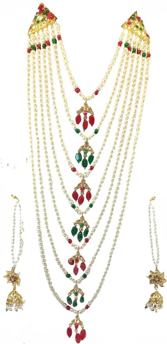Bridal Hyderabadi Red/Green Ruby Satlada Long Princess Necklace with Jhumka Earrings in Cultured Pearls and Simulated Ruby Emerald beads for Womens & Girls
