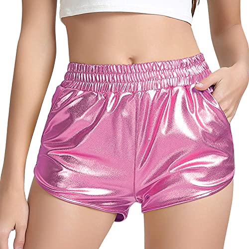 Pink Girls Metallic Gymnastics Shorts Rave Spandex Dance Shorts Shiny Hot Pants 6 7 #TOP4