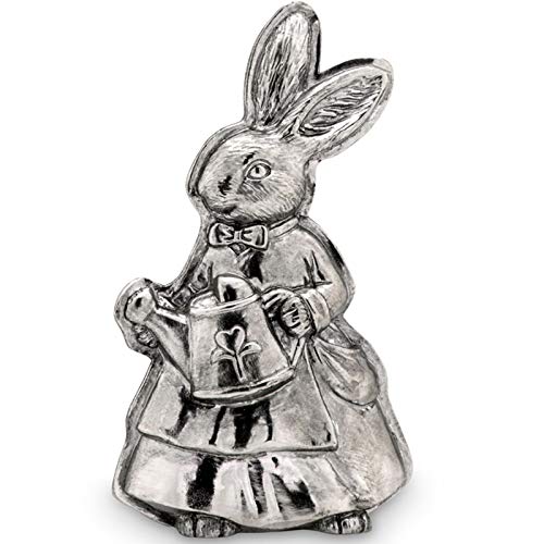 große Deko Hasen Mädchen Figur Kunststein 21 cm - silberner stehender Osterdeko Hase mit Gießkanne - Polyresin Osterhasen Frühjahresdeko zum hinstellen - Nostalgie-Optik