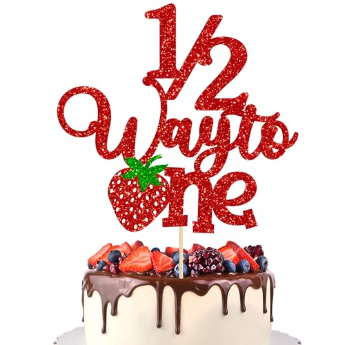 Image of Gyufise 1Pc Strawberry 1/2 Half Way to One Cake Topper Glitter Berry Sweet Half Way to Go Cake Pick Happy 6 Months Birthday Cake Decoration for Strawberry Theme Baby Shower Birthday Party Supplies Red