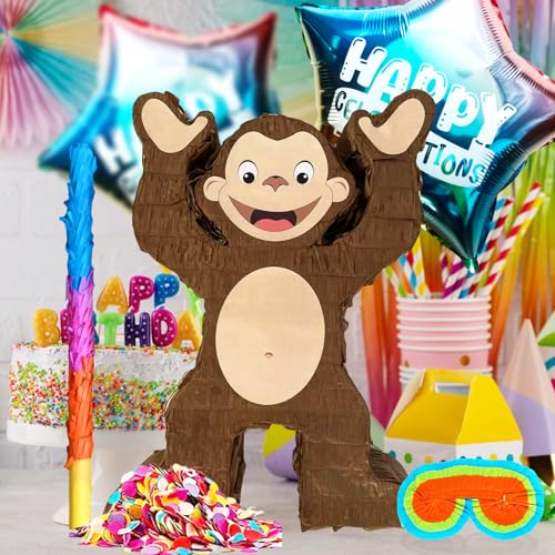 Cute Monkey Pinatas for Kids Birthday Parties, Fun Animal-Themed Decoration and Party Game Supplies Includes Busterstick, Blindfold, Confetti and 2 Happy Celebration Ballons