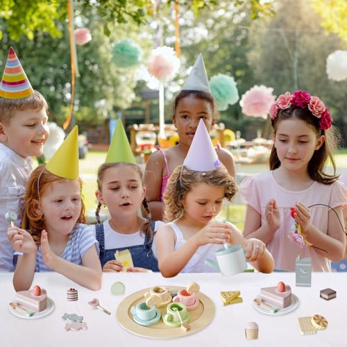 Smartwo Drewniany zestaw do herbaty dla dzieci, drewniane desery, zestaw na podwieczorek, akcesoria kuchenne dla dzieci, gra fabularna, prezent dla dziewczynek od 3 lat, kolorowy, 34 PCS