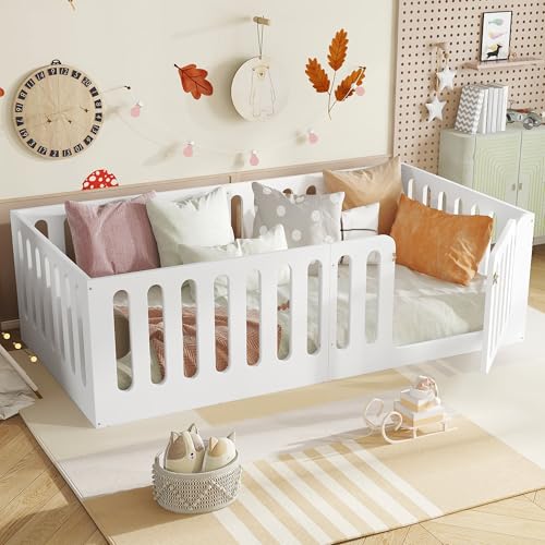 Image of Bellemave Twin Size Kids Montessori Floor Bed,Twin Size Floor Bed Frame with High Fence and Door,Solid Wood Montessori Bed for Girls Boys,White