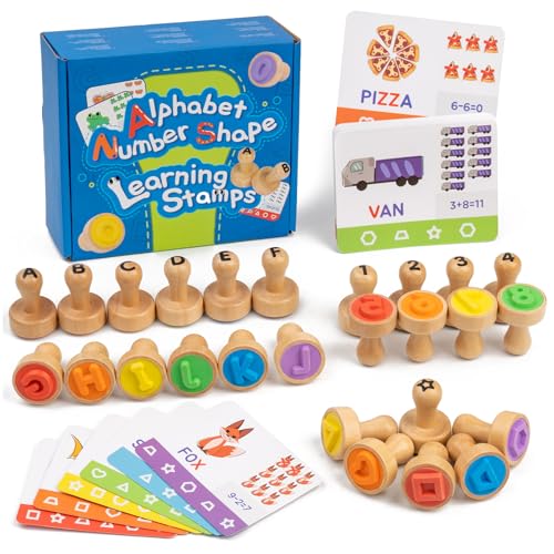 KDSFT Alphabet Number Stamps for Kids Wooden ABC Spelling Letter Stampers Set with Flashcard Mathematics Learning Number Stampers Arts & Crafts Supplies Montessori Toy Gifts for 3 4 5 Year Old