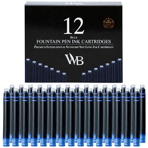 Wordsworth & Black   Paquete de 12 cartuchos de tinta para pluma estilográfica   Azul   Tamaño estándar internacional   Longitud aprox. 3.8 cm   Diámetro de la base aprox. 0.6 cm   Desechable