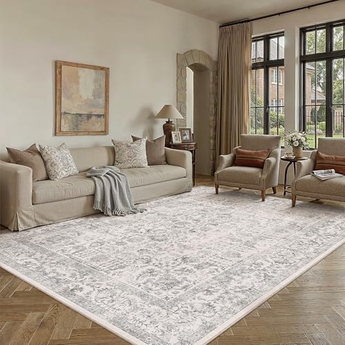 Gray Area Rug 5x7 Soft Washable Vintage Living Room Distressed Non Slip Carpet Traditional Indoor Bedroom Grey Retro Floral Accent Throw Large Rug for