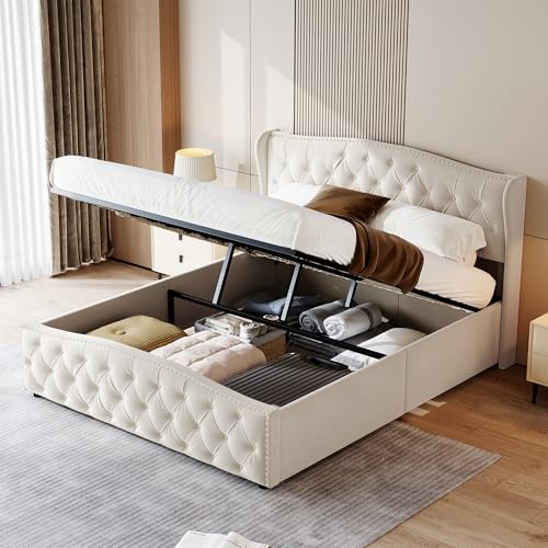 Fofetbfo Polsterbett, 160 x 200 cm, mit Aufbewahrung, gepolstertes Bett mit Hydraulik, Lattenrost und Kopfteil, Nietenverzierung, Samt, für Erwachsene und Jugendliche, Beige Fofetbfo Polsterbett, 160 x 200 cm, mit Aufbewahrung, gepolstertes Bett mit Hydraulik, Lattenrost und Kopfteil, Nietenverzierung, Samt, für Erwachsene und Jugendliche, Beige
