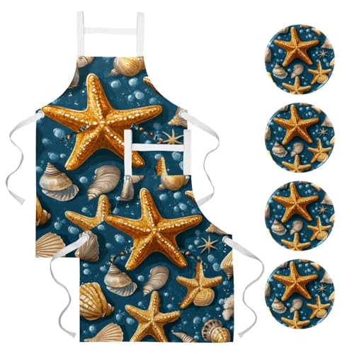 Lot de 2 tabliers de cuisine motif étoile de mer pour bistrot et pâtisserie